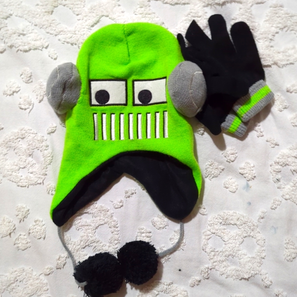 🤖Kid’s Beanie Cap Hat Ear Sides & Matching Gloves One Size Black Green Gray NWT